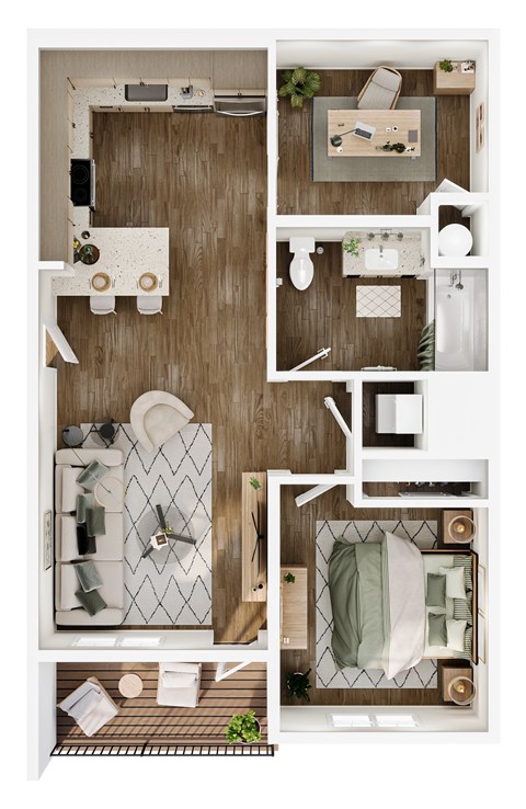 Floor plan for 1 bed, 1 bath, 782 sqft